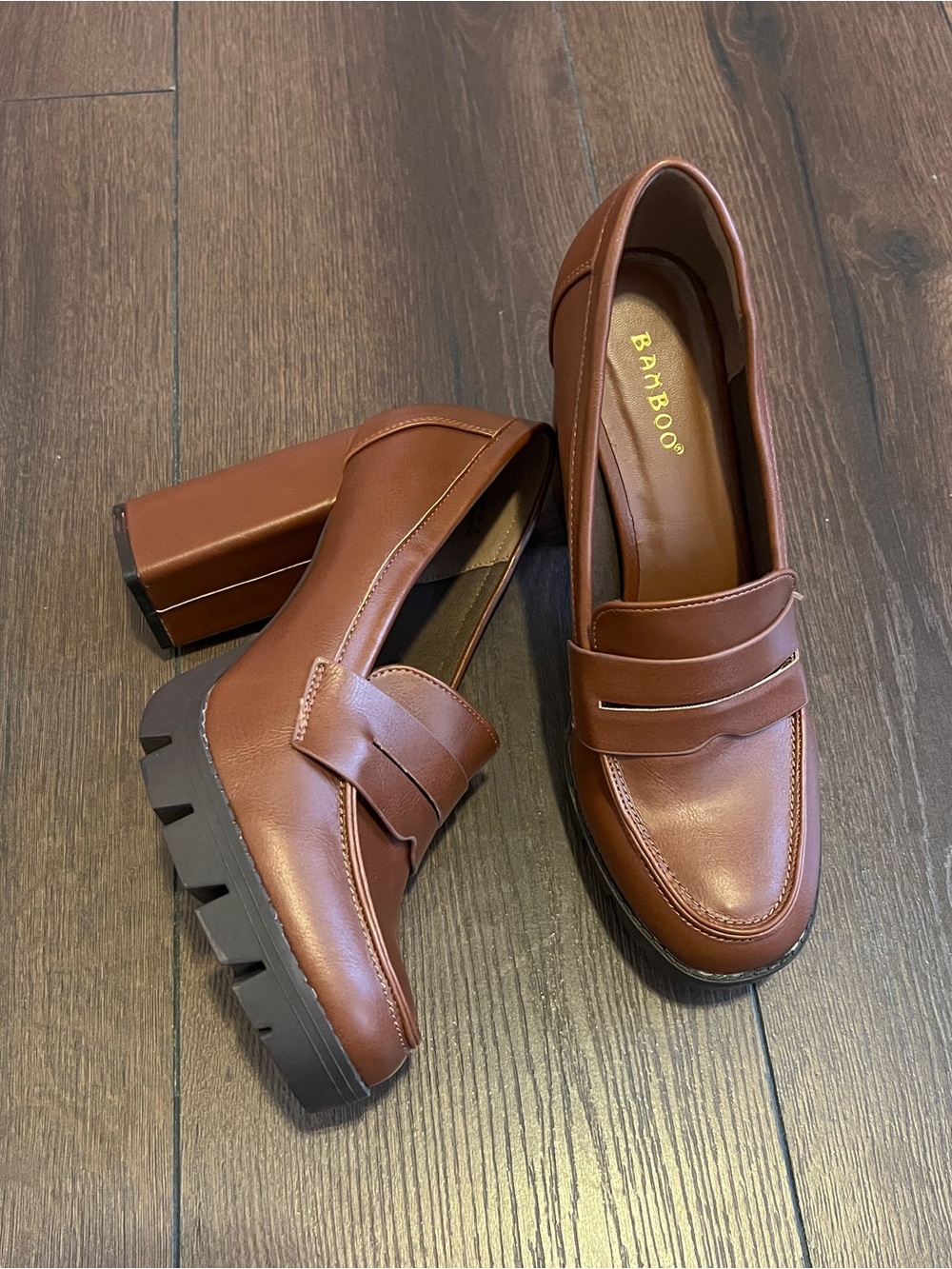 BAMBOO Women's Cognac Penny Loafers with Chunky Lug Heel